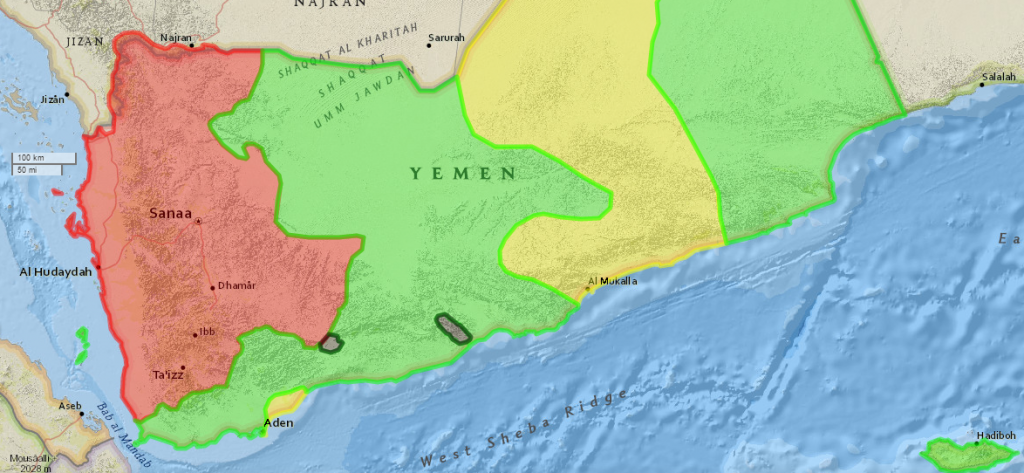 Crveno: Huti, Ansaralah; zeleno: prosaudijske snage oborenog predsednika Hadija; žuto: al-Kaida; crno: Islamska Država