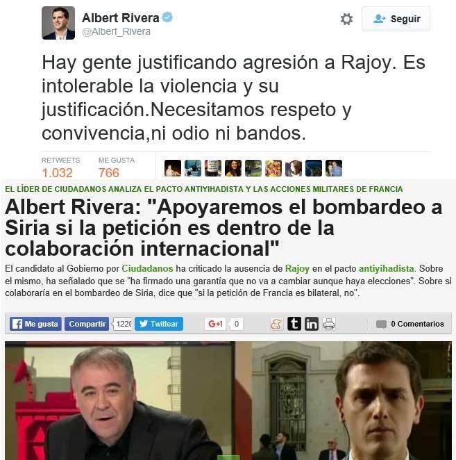 Predsednički kandidat desničarske partije Građani (Ciudadanos), Albert Rivera osuđuje napad na Rahoja, traži da se ne toleriše nasilje već poštovanje i saradnja. Sa druge strane, izrazio je podršku bombardovanju Sirije.